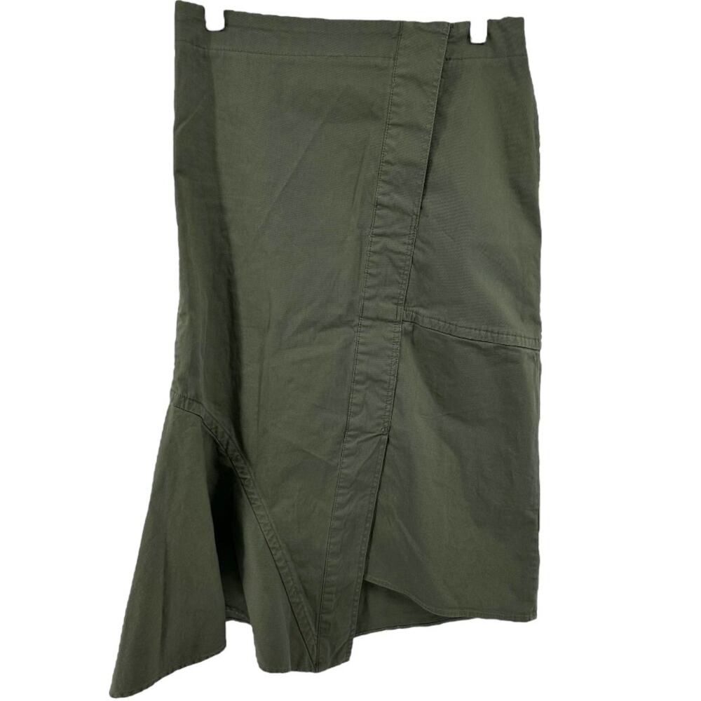 Theory Reconstructed Midi Skirt Ruffle Trim High Waisted Cotton Career Green 2 - Picture 2 of 5